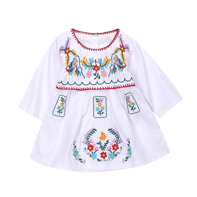 Kashoer Newborn Toddler Baby Girls Ethnic Embroidery Floral Dress Long Sleeve Party Sundress Skirt (18-24Months, White) - Image 1